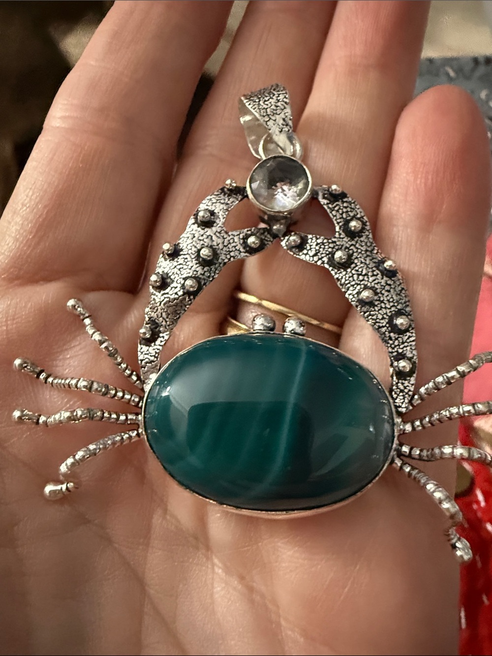 Sterling Silver 925 Malachite Crab Pendant Necklace - Women Jewelry